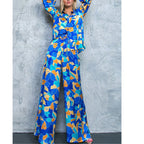 Women Clothing Printed Bubble Long Sleeve Shirt Lace Up Wide Leg Pants Two Piece Set