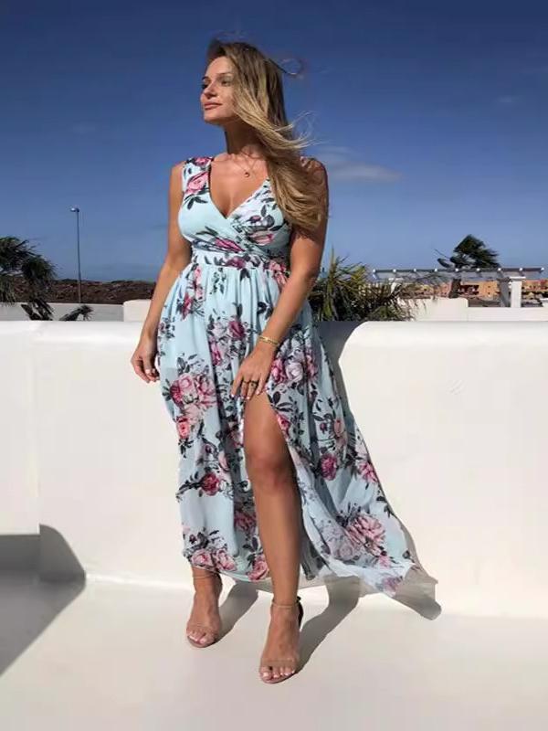 Floral Print Surplice Neck Sleeveless Chiffon Side Slit Maxi Dress