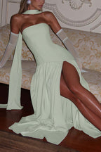 Elegant Off Shopulder Chiffon Pleated Hem Scarf Slit Maxi Dress