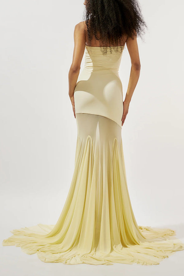 Solid Color Sleeveless Off-shoulder Mesh-paneled Fitted Maxi Dress
