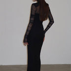 Mesh Mock Neck Long Sleeve Ruched Padded Shoulder Bodycon Maxi Dress