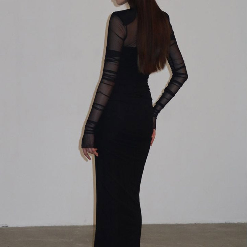 Mesh Mock Neck Long Sleeve Ruched Padded Shoulder Bodycon Maxi Dress