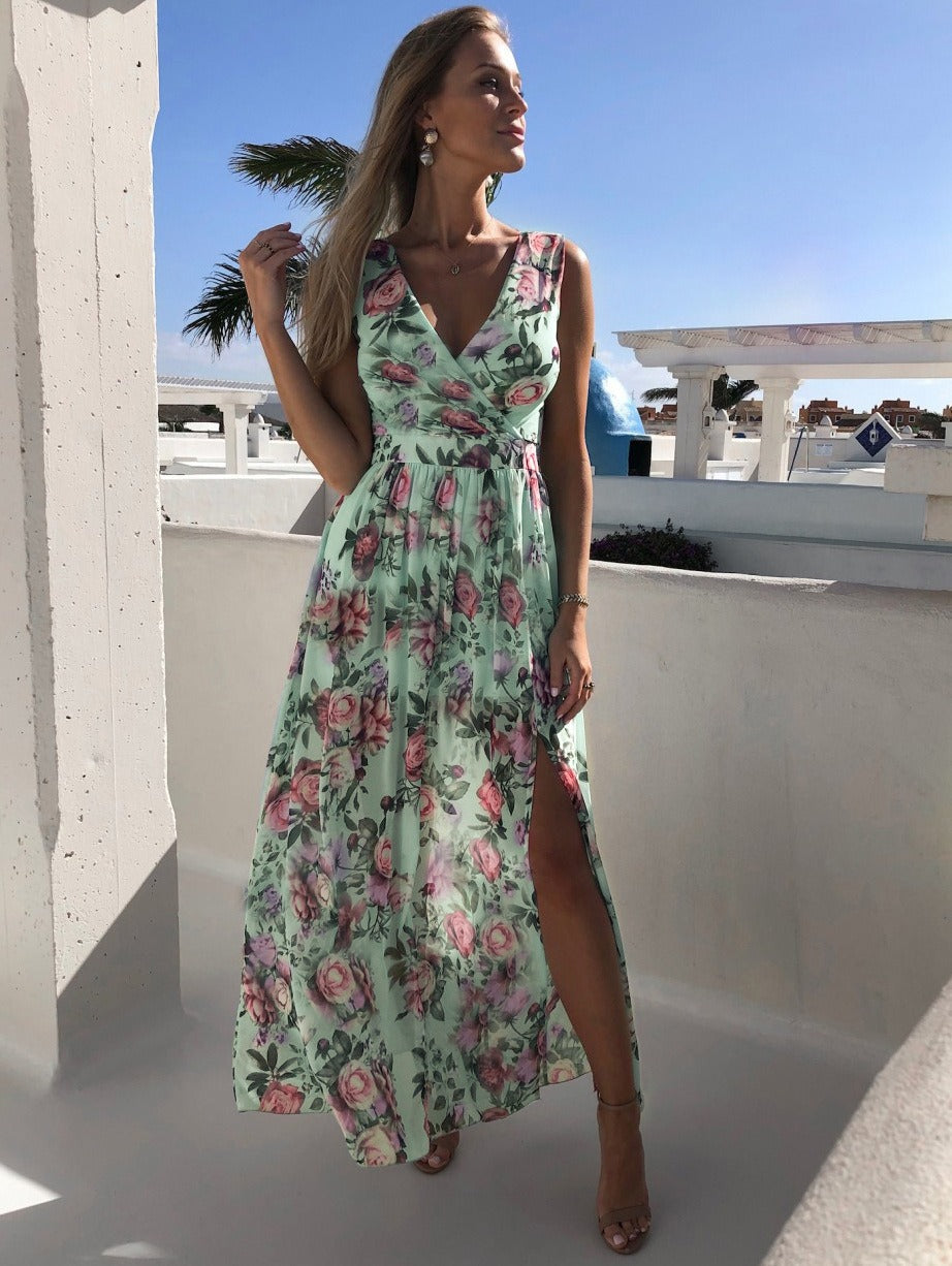 Floral Print Surplice Neck Sleeveless Chiffon Side Slit Maxi Dress
