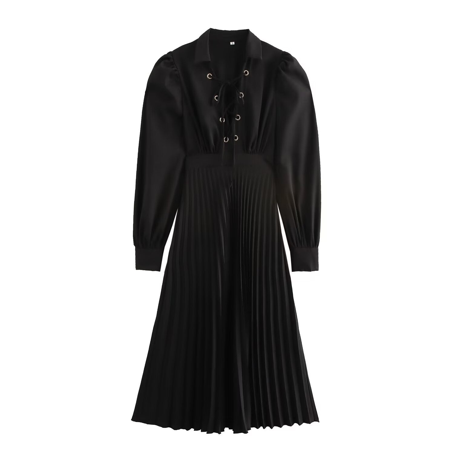 Lace Up Grommet Collar Bishop Sleeve Accordion Pleated Midi Dress