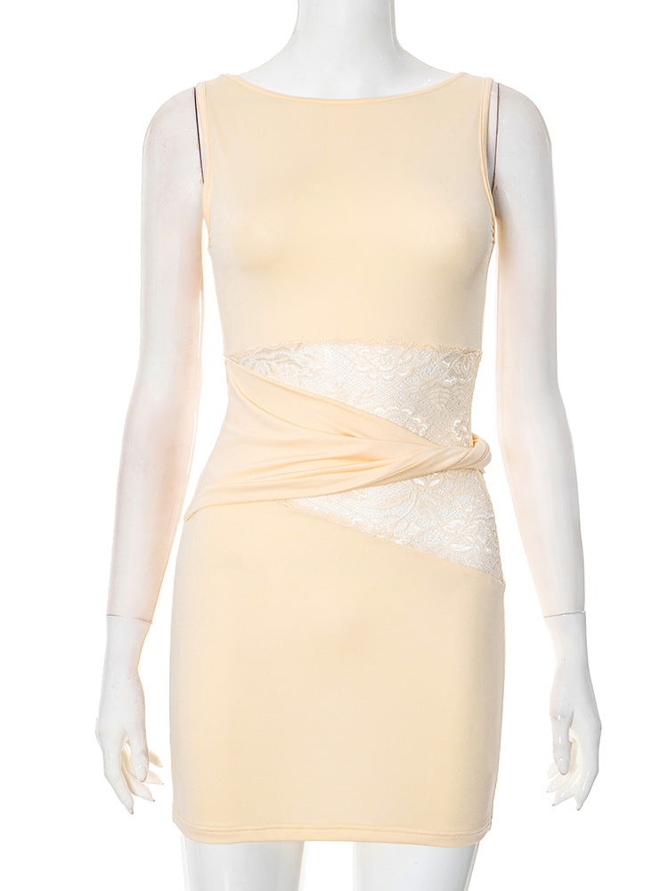 One Shoulder Lace Panel Side Cut Out Ruched Bodycon Mini Dress
