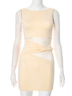 One Shoulder Lace Panel Side Cut Out Ruched Bodycon Mini Dress
