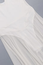 Deep V-Neck Ring Strap Drop Waist Sheer Pleated Maxi Gown