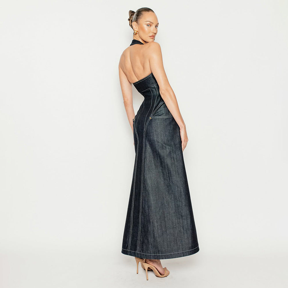 Denim Halter Corset Front Zip Pocket Maxi Dress