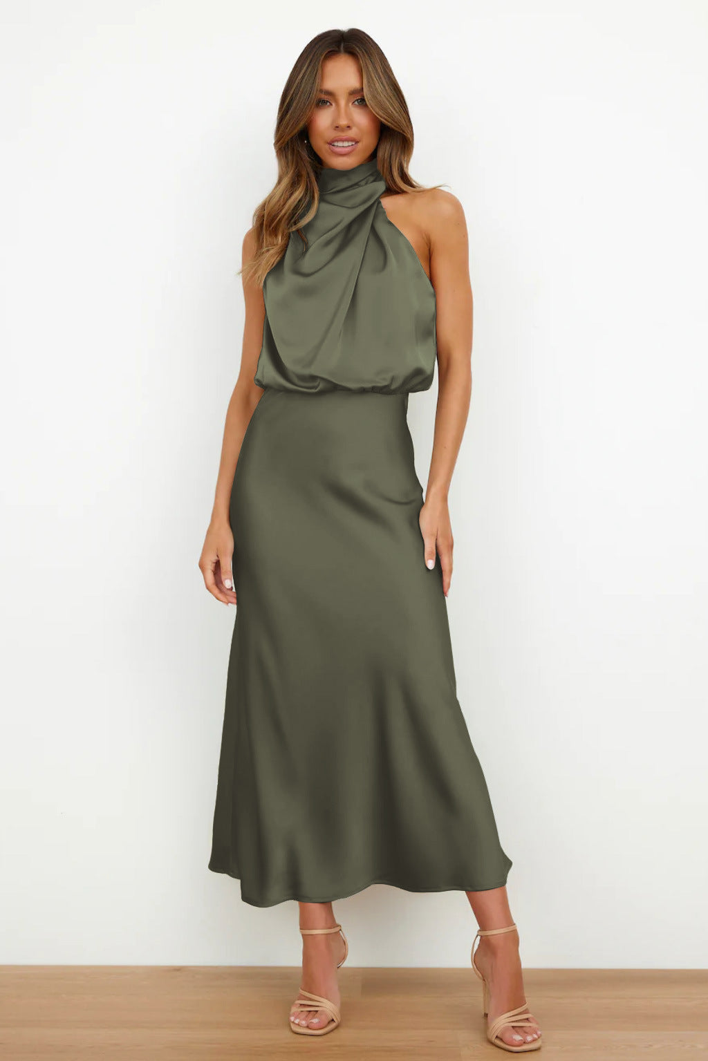 Halter Cowl Neck Sleeveless Satin Bias Cut Midi Dress