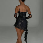 Mesh Glitter Sweetheart Spaghetti Strap Ruffle Hem Cascade Train Mini Dress
