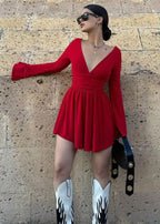 Deep V-Neck Bell Sleeve Ruched Waist Wrap Mini Dress