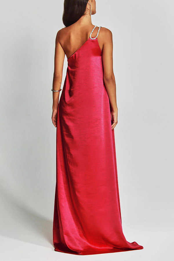 Charming Glance Satin Metal Hardware One Shoulder Loose Maxi Dress