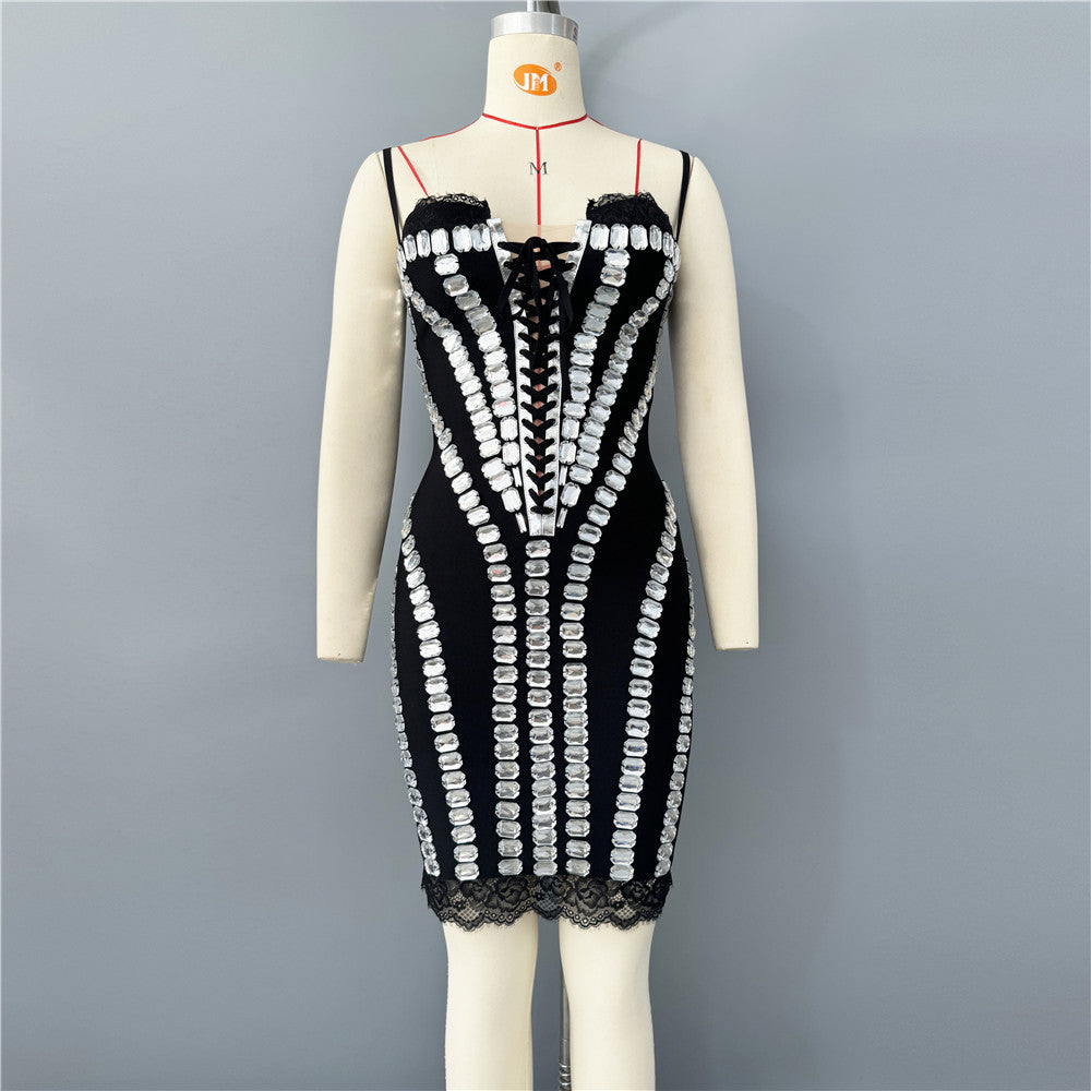 Spaghetti Strap Sweetheart Lace Up Rhinestone Mesh Corset Bodycon Mini Dress