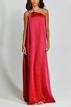 Charming Glance Satin Metal Hardware One Shoulder Loose Maxi Dress