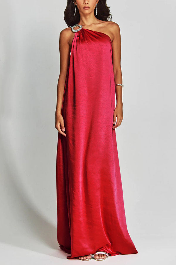 Charming Glance Satin Metal Hardware One Shoulder Loose Maxi Dress