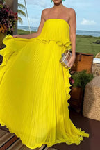 Reina Chiffon Pleated Wavy Ruffles Trim Strapless Loose Maxi Dress