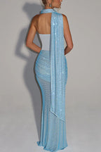 Kailani Sequin Strapless Mesh Cutout Waist Ruched Scarf Maxi Dress