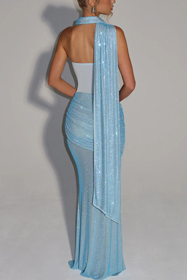 Kailani Sequin Strapless Mesh Cutout Waist Ruched Scarf Maxi Dress