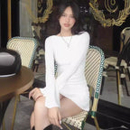 Ribbed Knit Boat Neck Bell Sleeve Bodycon Mini Dress