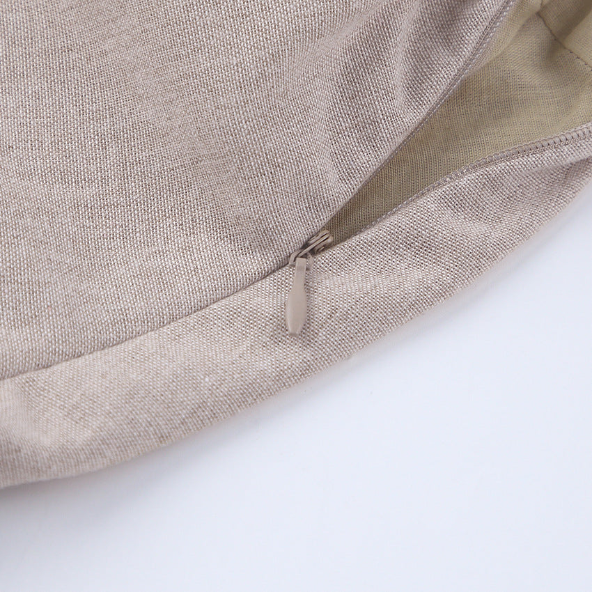 Cute Puff Sleeve Square Neck Linen Babydoll Mini Dress - Khaki