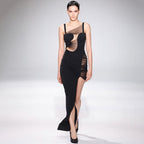 Black Low Elastic Mesh Mini Dress Strap Maxi Dress
