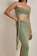 Ribbed Knit Strapless Cutout Side Tie Bodycon Midi Dress