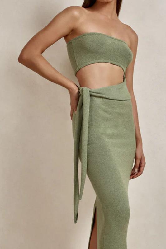 Ribbed Knit Strapless Cutout Side Tie Bodycon Midi Dress