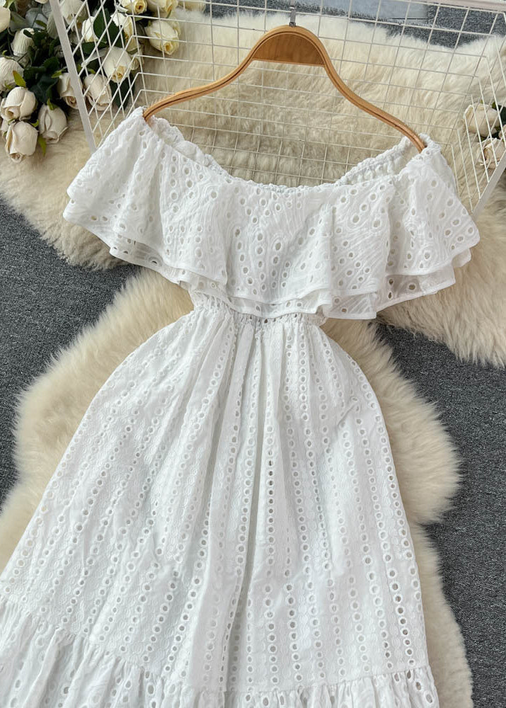 Eyelet Lace Off Shoulder Smocked Tiered Ruffle Maxi Dress