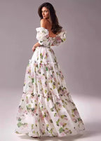 Off Shoulder Puff Sleeve Tiered Floral Organza Maxi Dress
