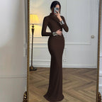Mock Neck Long Sleeve Ruched Open Back Cut Out Fishtail Maxi Dress