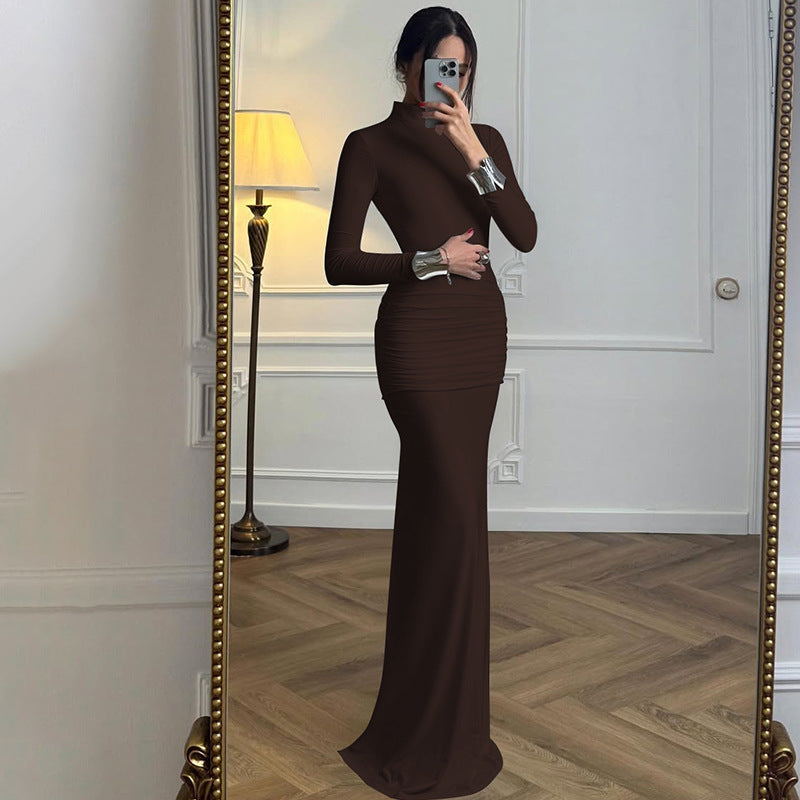 Mock Neck Long Sleeve Ruched Open Back Cut Out Fishtail Maxi Dress