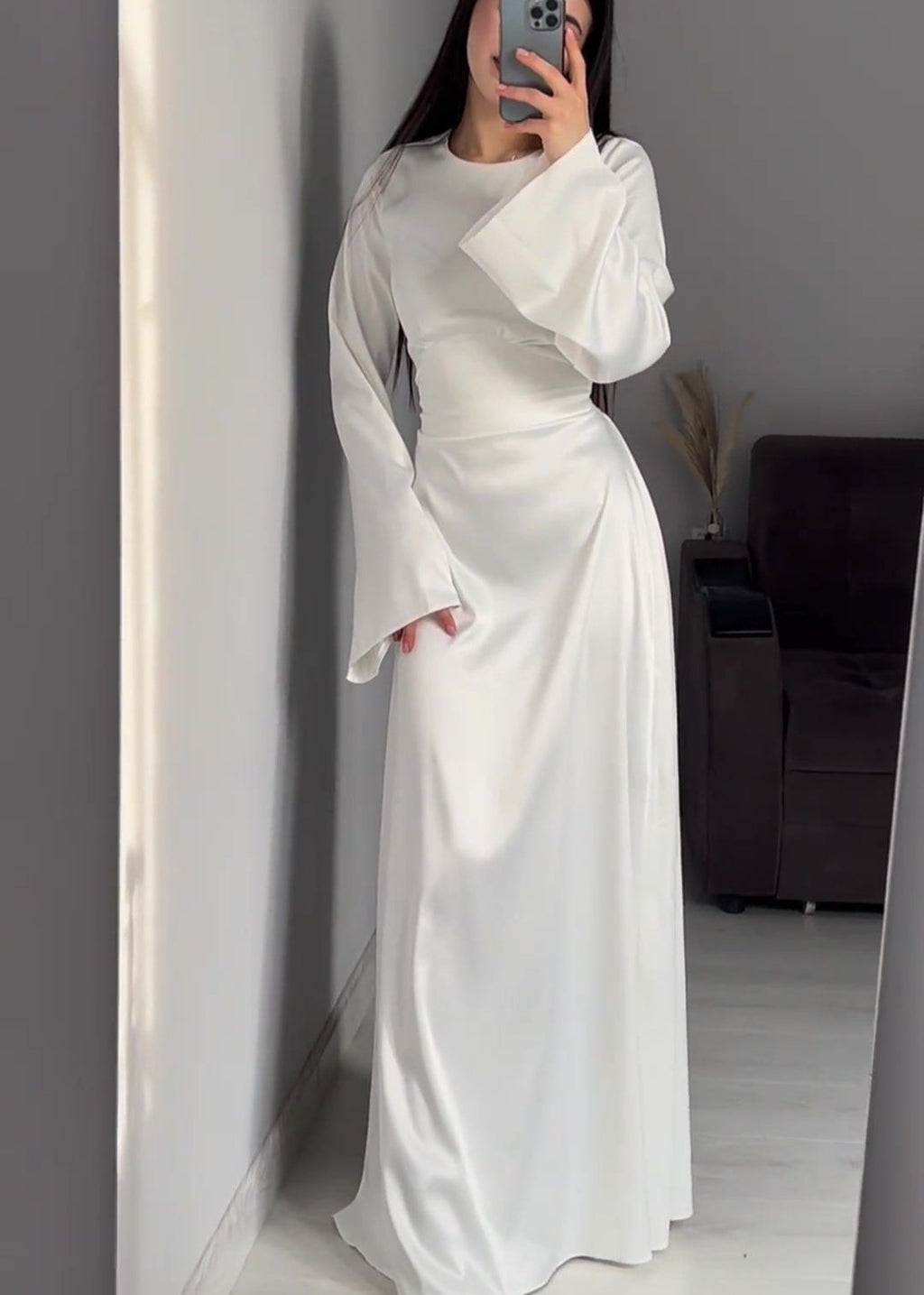 Satin Crew Neck Bell Sleeve Column Maxi Dress