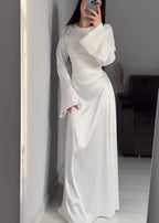 Satin Crew Neck Bell Sleeve Column Maxi Dress
