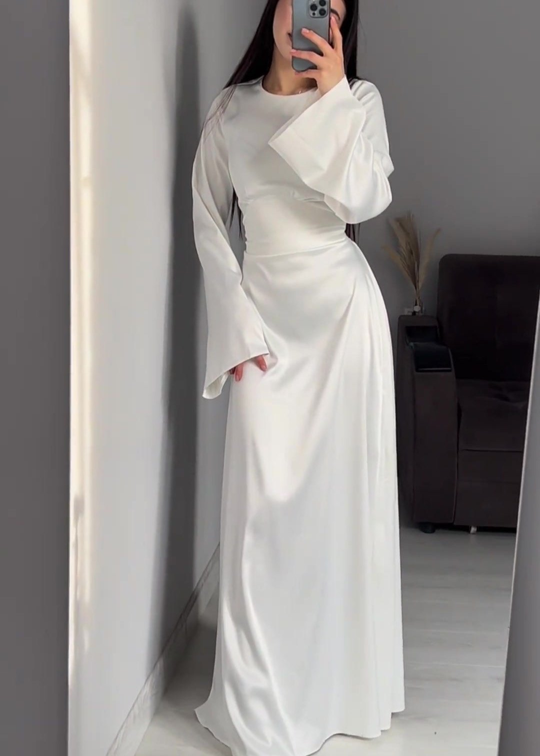 Satin Crew Neck Bell Sleeve Column Maxi Dress