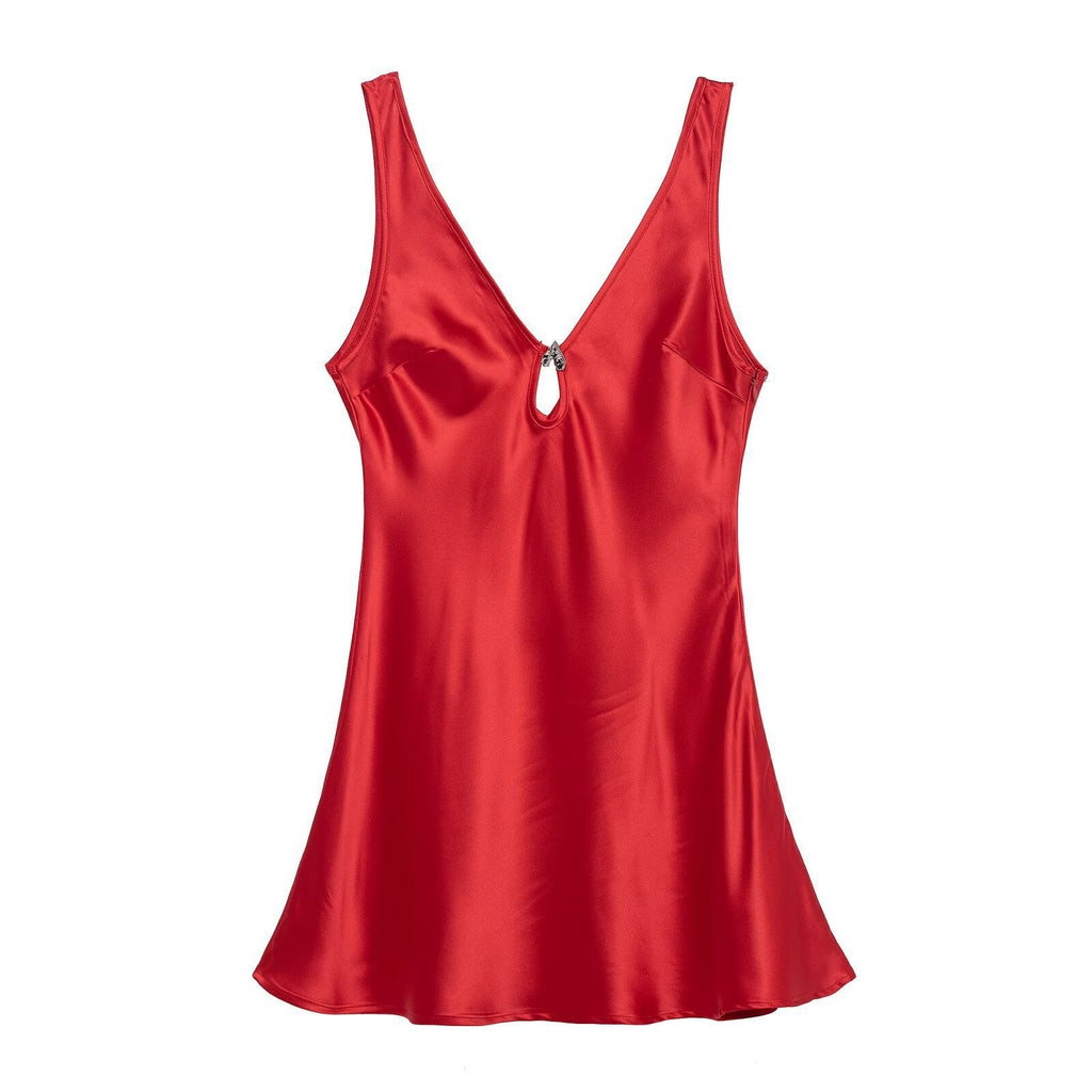 Satin Deep V-Neck Keyhole Cut Out A-Line Mini Dress