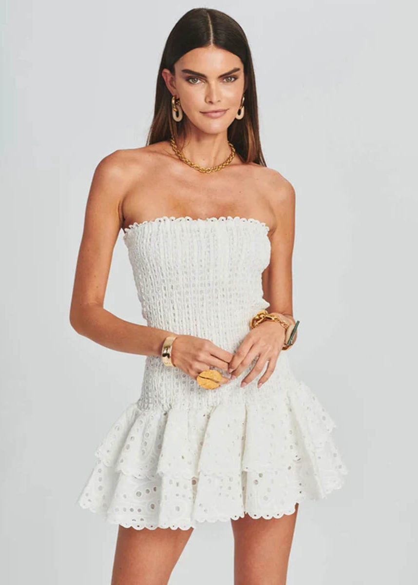 Smocked Sweetheart Strapless Eyelet Tiered Ruffle Mini Dress