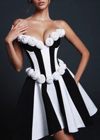 Strapless Vertical Stripe Rosette Applique Fit and Flare Mini Dress
