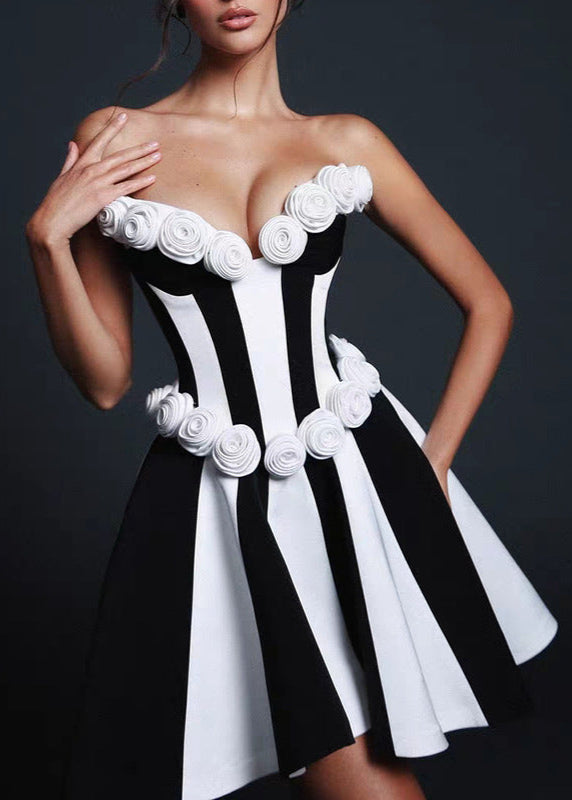 Strapless Vertical Stripe Rosette Applique Fit and Flare Mini Dress