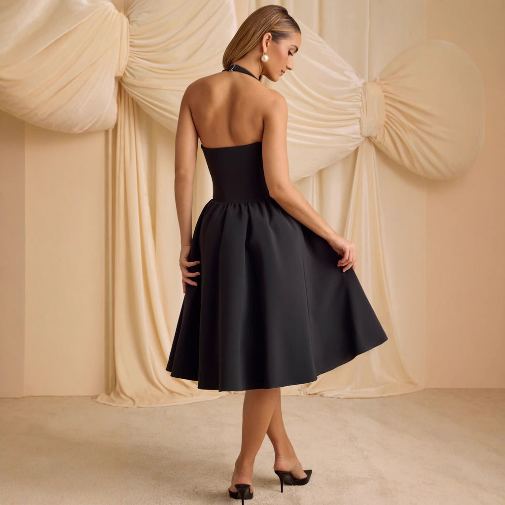 Norma Minimalist Women's Evening Dress with Deep V Neck and Bows Designer Edit
