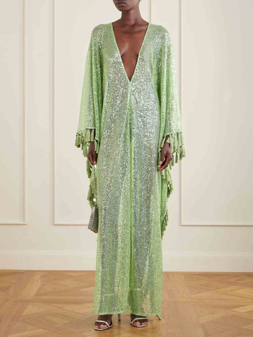 Gianna Sequin Deep V-neck Batwing Sleeve Fringed Trim Slit Gown Maxi Dress