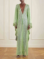 Gianna Sequin Deep V-neck Batwing Sleeve Fringed Trim Slit Gown Maxi Dress