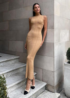 Mock Neck Ribbed Knit Sleeveless Bodycon Maxi Dress