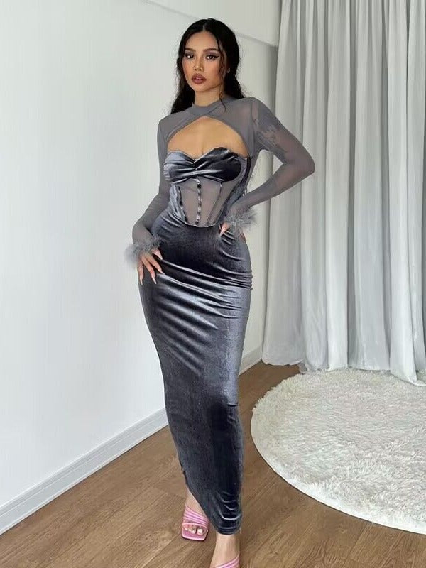 Mesh Mock Neck Cut Out Corset Bodice Faux Fur Cuff Bodycon Maxi Gown