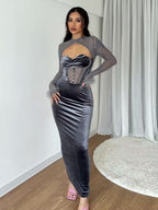 Mesh Mock Neck Cut Out Corset Bodice Faux Fur Cuff Bodycon Maxi Gown