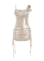 Metallic Cowl Neck Bow Shoulder Ruched Drawstring Hem Bodycon Mini Dress