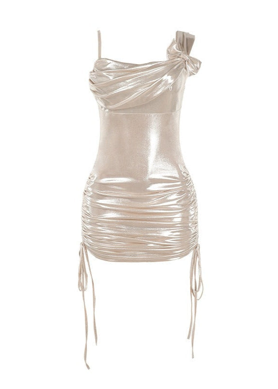 Metallic Cowl Neck Bow Shoulder Ruched Drawstring Hem Bodycon Mini Dress