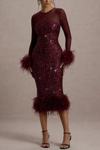 Glamor and Drama Mesh Sequin Patchwork Feather Trim Stretch Midi Dress