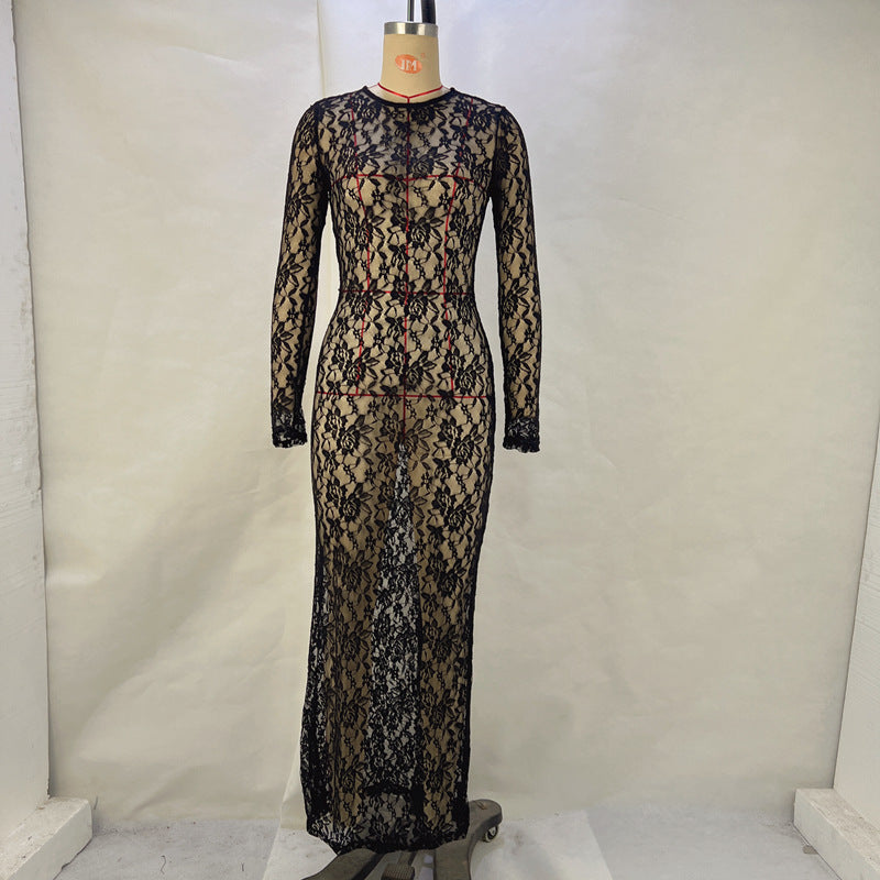 Sheer Floral Lace Long Sleeve Crew Neck Column Maxi Dress