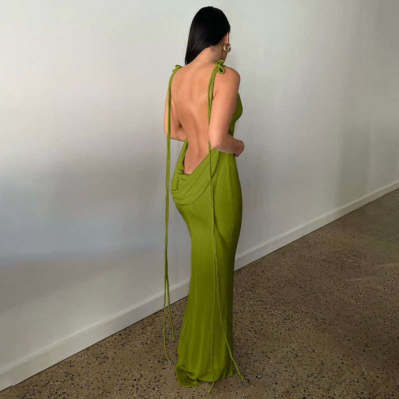 Tie Strap Cowl Back Open Back Bodycon Maxi Dress