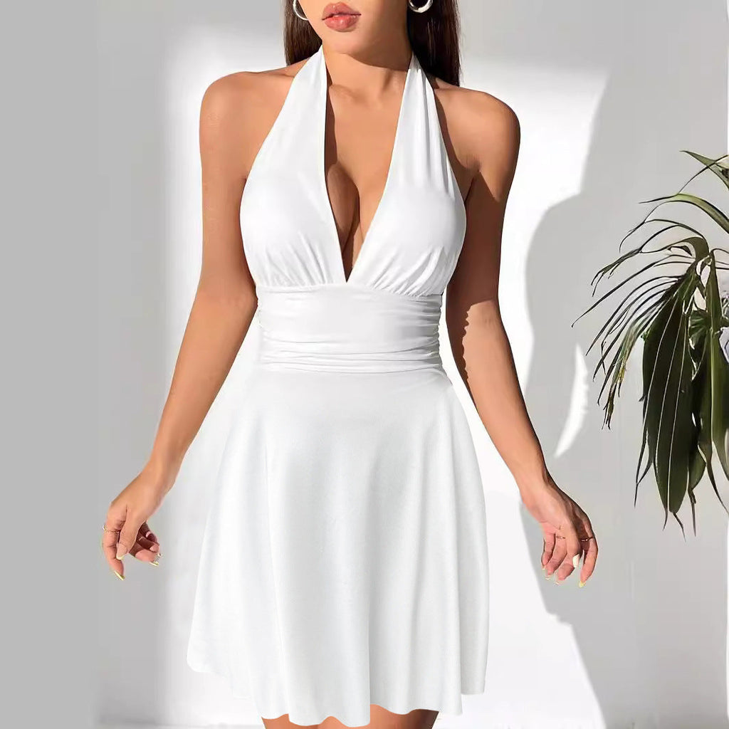 Halter Neck Deep V Neck Ruched Waist Fit and Flare Mini Dress